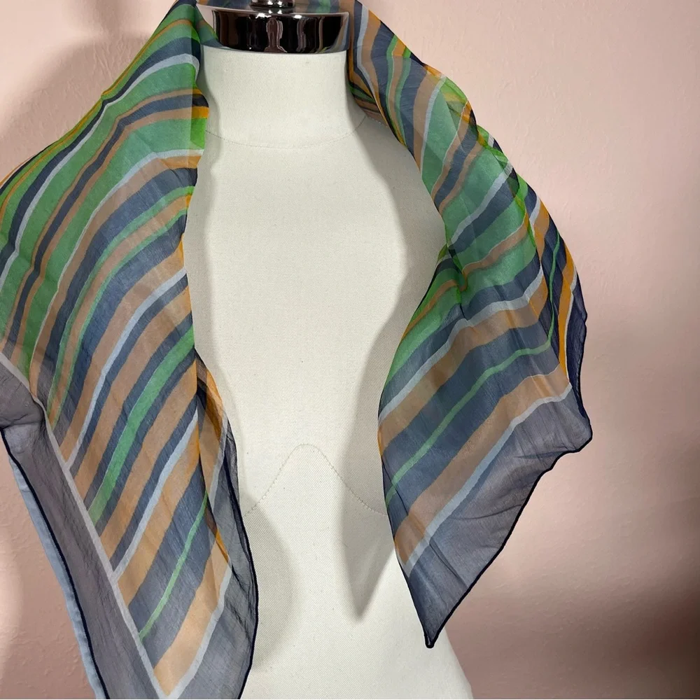 Vintage semi sheer striped Mod Green Blue Square Neck Scarf